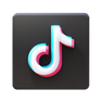 Icône 3D du logo TikTok sur un fond carré foncé. Le logo présente une note de musique stylisée en blanc avec une ombre portée cyan et rose, créant un effet néon.