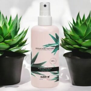 Un flacon pulvérisateur transparent étiqueté « Douceur Nature Aloe Vera » avec un bouchon blanc est placé entre deux plantes succulentes vertes dans des pots noirs. L'étiquette comporte une image de feuilles d'aloe vera et un texte indiquant que le produit contient 99 % d'ingrédients naturels.