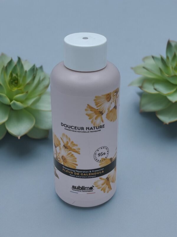 Une bouteille beige étiquetée « Découvrez les bienfaits du shampoing Douceur Sublimo Fleur de Calendula » avec un motif floral se dresse entre deux plantes succulentes vertes. L'étiquette mentionne « 95 % » et « Fleur de Calendula », à côté de la marque « Sublimo » en bas. Le fond est d'un bleu doux et discret.