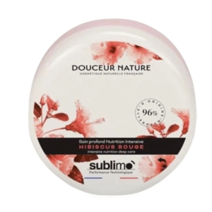 Un contenant rond de Soin Profond Nutrition Intensive Hibiscus Rouge-150ml, décoré de motifs de fleurs d'hibiscus rouges et de texte français sur fond blanc.