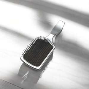 La Brosse Paddle 500-Sibel, dotée d'un corps argenté élégant et d'un coussinet en poils noirs, repose sur une surface brillante et légère. L'éclairage crée des ombres douces qui accentuent la texture lisse de la brosse et de la surface.