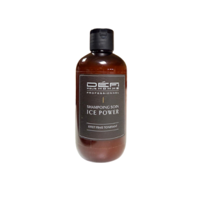 Un flacon en plastique brun avec un bouchon noir étiqueté "Shampooing Ice Power-Défi pour Homme-200 ml" pour le soin des cheveux et de la barbe des hommes est représenté sur un fond blanc.