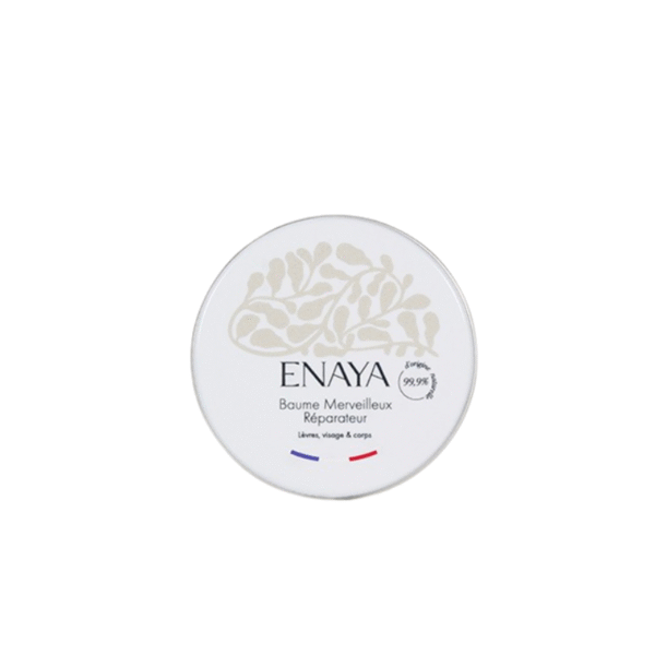 Une boîte ronde blanche étiquetée « Baume Merveilleux Réparateur-Enaya -20gr » présente un design abstrait beige et un texte français, adaptée à une utilisation sur les lèvres, le visage et le corps.