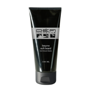 Tube noir étiqueté « Baume doux barbe-Barbe-Défi pour Homme-100 ML » avec bouchon gris, pictogrammes et texte blanc. Ce baume hydratant barbe homme offre un soin doux et hydratant à votre barbe.