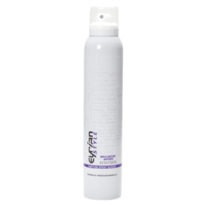 Une grande bombe aérosol blanche de 200 ml de Spray Brillantine-Eyrian -Style- est présentée avec un bouchon blanc et une étiquette violette près de la base.