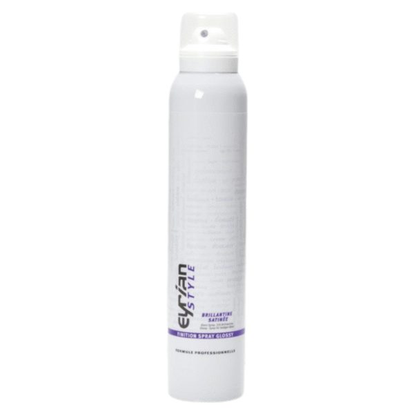 Une grande bombe aérosol blanche de 200 ml de Spray Brillantine-Eyrian -Style- est présentée avec un bouchon blanc et une étiquette violette près de la base.