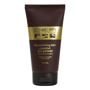 Un tube brun de 150 ml de « Shampoing Soin Essentiel Ice Power-Défi pour Homme » pour cheveux et barbe présente un texte doré et noir avec des icônes sur le devant.