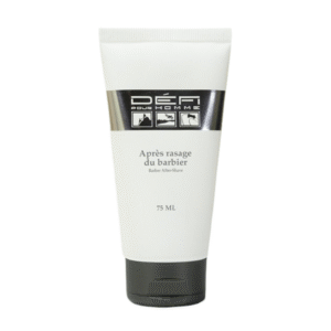 Un tube blanc de 75 ml d'Après Rasage du Barbier -Défi Pour Homme- avec un bouchon flip-top noir et une étiquette argentée affichant du texte français et anglais.