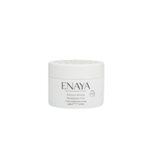 Un pot blanc étiqueté « Emulsion miracle revitalisante nuit -ENAYA -40ml » est placé au centre d'un fond uni, mettant en valeur ce soin de nuit avec un couvercle rond qui complète son design élégant.
