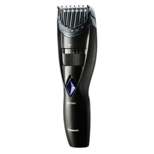 La Tondeuse de barbe ER-GB37-Panasonic en noir, avec peigne réglable, poignée texturée, voyant lumineux bleu et réglages de hauteur pour une coupe précise, est présentée sur un fond blanc.