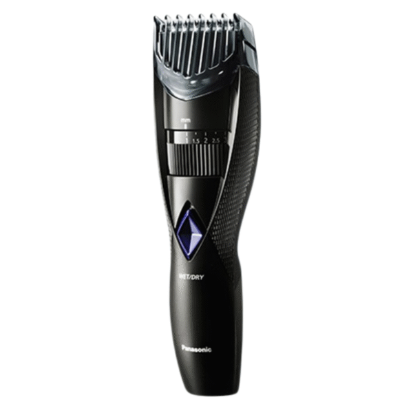 La Tondeuse de barbe ER-GB37-Panasonic en noir, avec peigne réglable, poignée texturée, voyant lumineux bleu et réglages de hauteur pour une coupe précise, est présentée sur un fond blanc.
