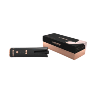 Un élégant Boucleur sans fil Toy Curler 8200-Kiepe noir et or rose repose à côté de sa boîte rectangulaire assortie, tous deux étiquetés "KIREP" avec un élégant texte en script et des accents or rose.