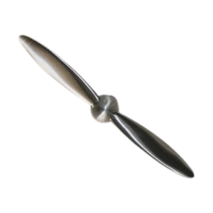 La Coupe Papier Hélice -19 cm-DPH est un coupe-papier métallique à hélice à deux lames avec un moyeu central, élégamment présenté sur un fond blanc comme accessoire de bureau.