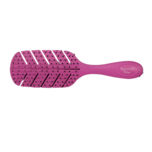 La Brosse Biofriendly-Violet est une brosse à cheveux rose avec un design aéré, des poils noirs et un manche texturé portant l'inscription "Ecofriendly Elyse". Isolée sur le blanc, elle est idéale pour un démêlage cheveux en douceur.