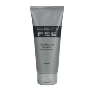 Un tube argenté de 100 ml de Pâte Fixation Flexible-Défi pour Homme avec une étiquette noire, idéal pour les hommes recherchant une tenue flexible pour leurs cheveux.