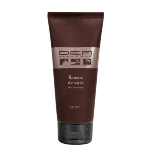 Un tube brun de 100 ml de Baume de soin-Défi pour Homme aux accents argentés est présenté debout sur fond blanc. Ce baume capillaire pour homme hydrate, nourrit et revitalise les cheveux.