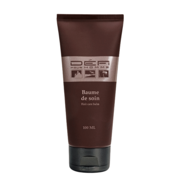 Un tube brun de 100 ml de Baume de soin-Défi pour Homme aux accents argentés est présenté debout sur fond blanc. Ce baume capillaire pour homme hydrate, nourrit et revitalise les cheveux.