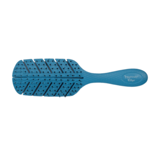 Un Biofriendly-bleu de Brosse avec une palette aérée, des poils noirs et un manche texturé portant l'inscription "Biofriendly Elegant", sur un fond blanc uni.