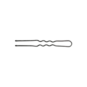 Une seule épingle à cheveux en métal noir aux côtés ondulés et à l'extrémité arrondie, assurant une tenue discrète, isolée sur fond blanc. Parfait pour les coiffures avec Epingles à Cheveux Noires Neige 45 mm x50.