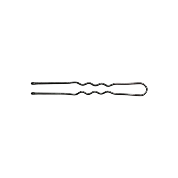 Une seule épingle à cheveux en métal noir aux côtés ondulés et à l'extrémité arrondie, assurant une tenue discrète, isolée sur fond blanc. Parfait pour les coiffures avec Epingles à Cheveux Noires Neige 45 mm x50.