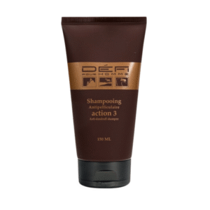 Un tube marron de 150 ml de Shampooing Anti-Pelliculaire Action 3 - Défi pour Homme présente des accents dorés et noirs, offrant un soin antipelliculaire efficace pour hommes.