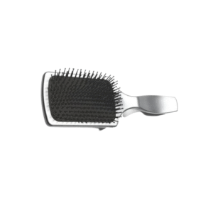 La Brosse Paddle 500-Sibel est une brosse à cheveux rectangulaire noire avec un manche argenté, parfaite pour démêler les cheveux épais, présentée sur fond blanc.