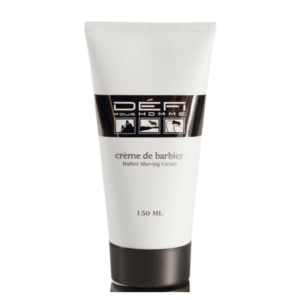 Un tube blanc de 150 ml de crème à raser Crème de barbier - Défi pour Homme, doté d'un bouchon noir et d'une étiquette noire avec texte argenté et blanc.