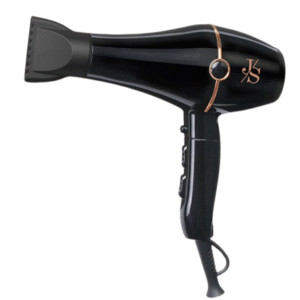 Un sèche-cheveux Séchoir professionnel Dona-SJS1 noir avec des accents dorés et la marque "JKS", d'une puissance de 2100 watts, doté d'une buse concentratrice et de plusieurs boutons de commande sur la poignée.