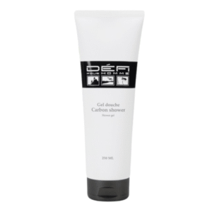 Un tube blanc de Gel douche carbon Shower - Défi pour Homme, 250 ml, avec une étiquette noire et des accents argentés se dresse debout sur un fond blanc.