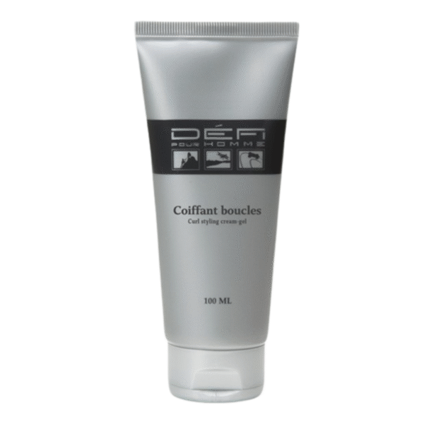 Un tube argenté de Coiffant Boucles - Défi pour Homme - 100 ml présente un étiquetage noir et blanc avec des détails sur le devant concernant sa tenue flexible pour coiffer les boucles des hommes.