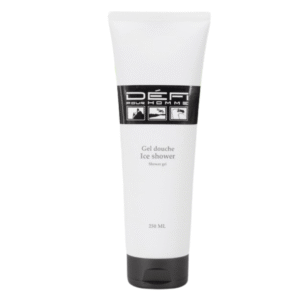 Tube blanc de Gel douche Ice Shower – Défi pour Homme – 250 ml, avec bouchon et étiquette noirs, arborant le logo et les icônes du produit. Ce gel douche énergisant offre une expérience rafraîchissante et revigorante aux hommes.