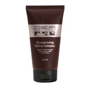 Un tube brun de 150 ml de Shampooing Silver Intense-Défi pour Homme pour barbe et cheveux gris-blancs, comportant des icônes et du texte blanc sur le devant.