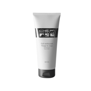 Tube blanc de 200 ml de Gel nettoyant visage et corps -Défi pour Homme- avec bouchon noir et étiquette noire avec texte et images argentés. Gel nettoyant doux pour le visage et le corps des hommes.