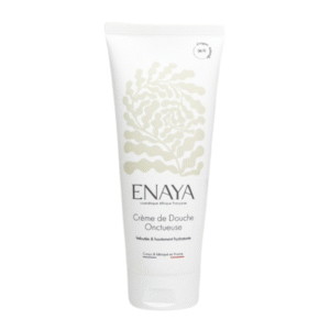Un tube blanc de Crème de douche onctueuse-Enaya-200ml présentant un design floral subtil et un élégant texte français se dresse debout sur un fond blanc uni.