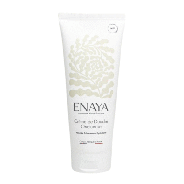 Un tube blanc de Crème de douche onctueuse-Enaya-200ml présentant un design floral subtil et un élégant texte français se dresse debout sur un fond blanc uni.
