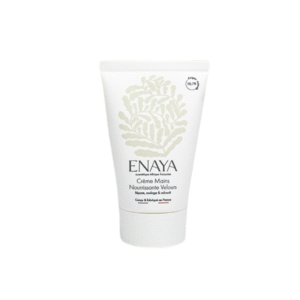 Un tube blanc de 50 ml de Crème mains nourrissantes velours-Enaya présente un design botanique beige clair avec du texte français et anglais sur le devant.