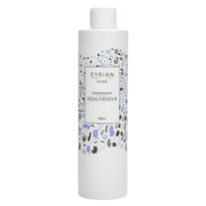 Shampoing Déjaunisseur-Eyrian-Pur-300 ml : flacon blanc au motif abstrait floral violet, noir et gris, parfait comme shampoing anti-jaunissement pour cheveux blonds et gris.