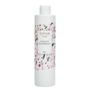 Un flacon blanc de Shampoing Dynamisant-Eyrian-Pur-300 ml avec une étiquette présentant des motifs abstraits noirs et roses.