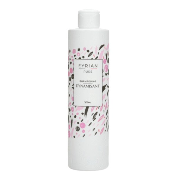 Un flacon blanc de Shampoing Dynamisant-Eyrian-Pur-300 ml avec une étiquette présentant des motifs abstraits noirs et roses.