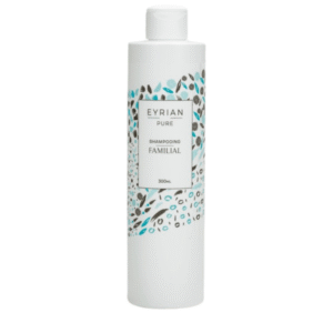 Flacon blanc de 300 ml de shampoing Familial -Eyrian-Pur présentant une étiquette aux motifs de feuilles bleues, noires et grises.