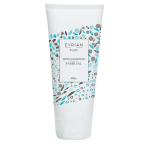 Un tube blanc vertical de 200 ml d'Après-Shampoing Familial -Eyrian-Pur présente des motifs de feuilles bleues et grises sur l'étiquette.