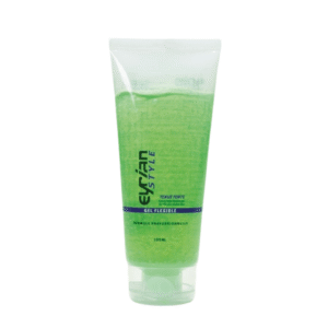 Un tube en plastique transparent de Gel flexible-Tenue Forte-Eyrian-Style -100 ml, rempli de gel vert, doté d'un bouchon à rabat blanc et d'un texte d'étiquette violet et noir, est présenté sur un fond blanc.