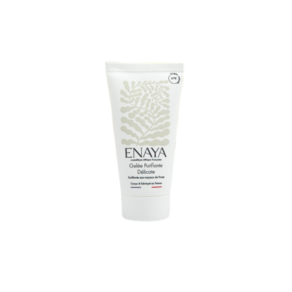 Tube blanc de 30 ml de Gelée purifiante délicate Corps-ENAYA, orné d'un motif botanique beige clair et d'un texte en français, pour une peau purifiée et hydratée en douceur. Fabriqué en France.