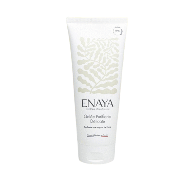 Un tube blanc de Gelée purifiante délicate Corps-ENAYA-200 ml, présentant un design botanique beige clair et un texte français, se dresse debout sur un fond blanc uni.