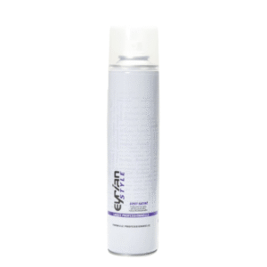Un grand aérosol blanc de 300 ml de laque effet satiné - Eyrian-Style avec un capuchon translucide et des accents d'étiquette violets et noirs.