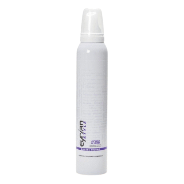 Un flacon cylindrique blanc de Spray Brillantine-Eyrian-Style-200ml avec un bouchon transparent et un texte violet se dresse debout sur un fond blanc uni.