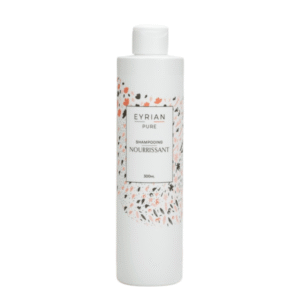 Un flacon blanc de 300 ml de Shampoing Nourrissant-Eyrian-Pur présente une étiquette au design floral en orange doux et noir, idéale pour votre routine de soins capillaires nourrissants.