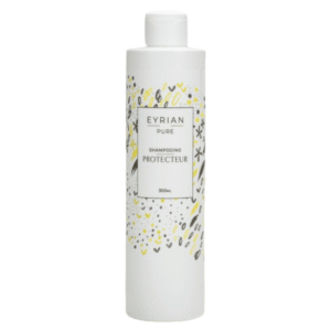 Flacon blanc de 300 ml de Shampooing Protecteur-Eyrian-Pur, décoré de formes abstraites grises et jaunes autour de l'étiquette.
