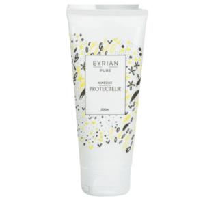 Un tube blanc étiqueté « Masque Protecteur-Eyrian-Pur-200 ml » affiche un élégant motif floral jaune et noir, reflétant le masque capillaire protecteur hydratant haut de gamme d'Eyrian.