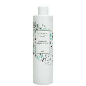 Le Shampoing réparateur -EYRIAN-Pur- de 300 ml se présente dans un flacon blanc avec des motifs abstraits sarcelle, noir et vert - idéal pour ceux qui souhaitent un shampooing réparateur nourrissant pour les cheveux abîmés.